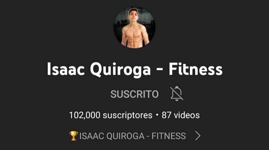 Página del canal Isaac Quiroga Fitness con 102,000 suscriptores y 87 videos.