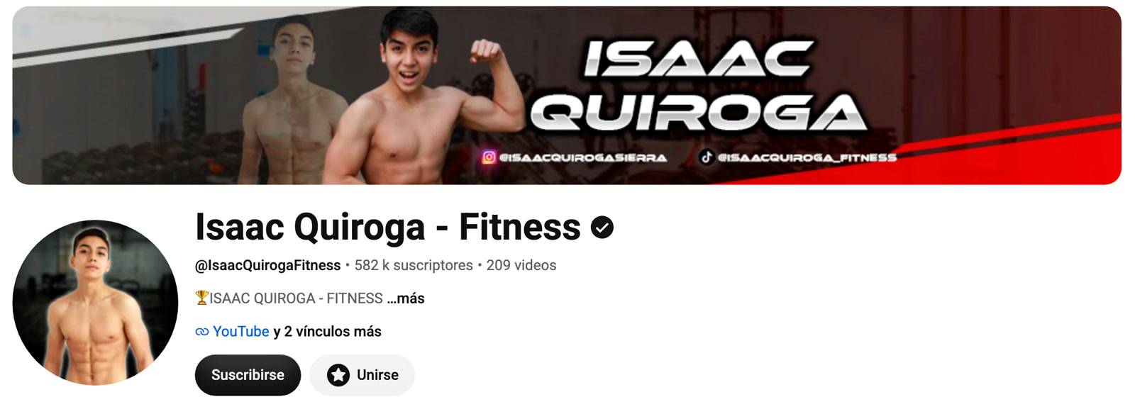Página del canal Isaac Quiroga - Fitness con 582 mil suscriptores y 209 videos.