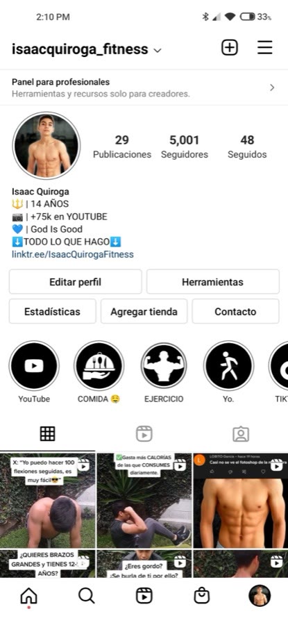 Captura del perfil de Instagram isaacquiroga_fitness cuando Isaac tenía 14 años.